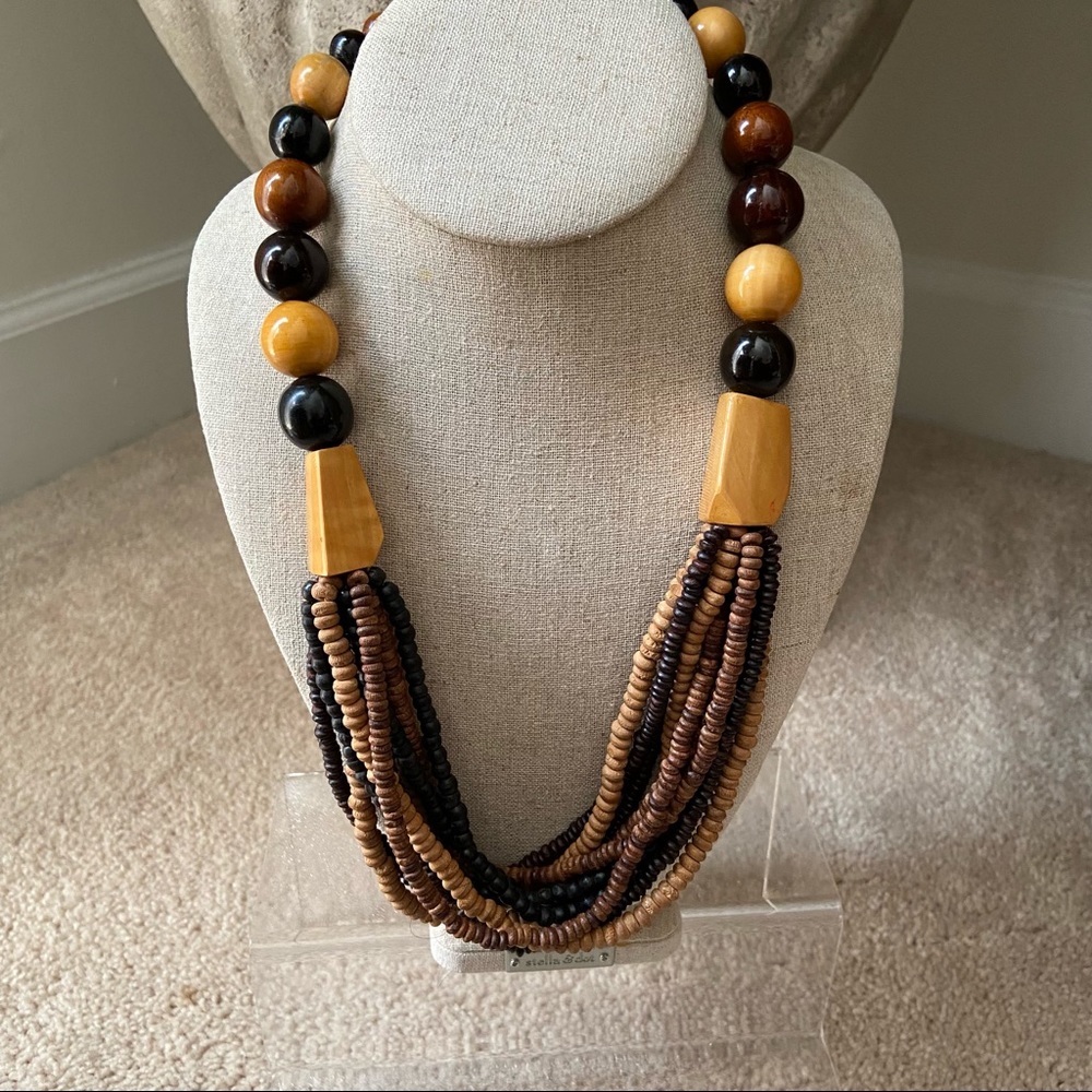 Brown tan wood beaded multi strand necklace - Picture 10 of 11